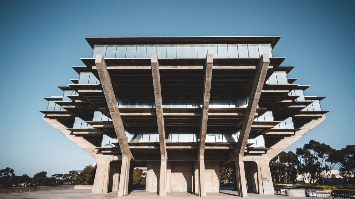 Striking modern architecture of Geisel Library with unique facade design and bold structure.